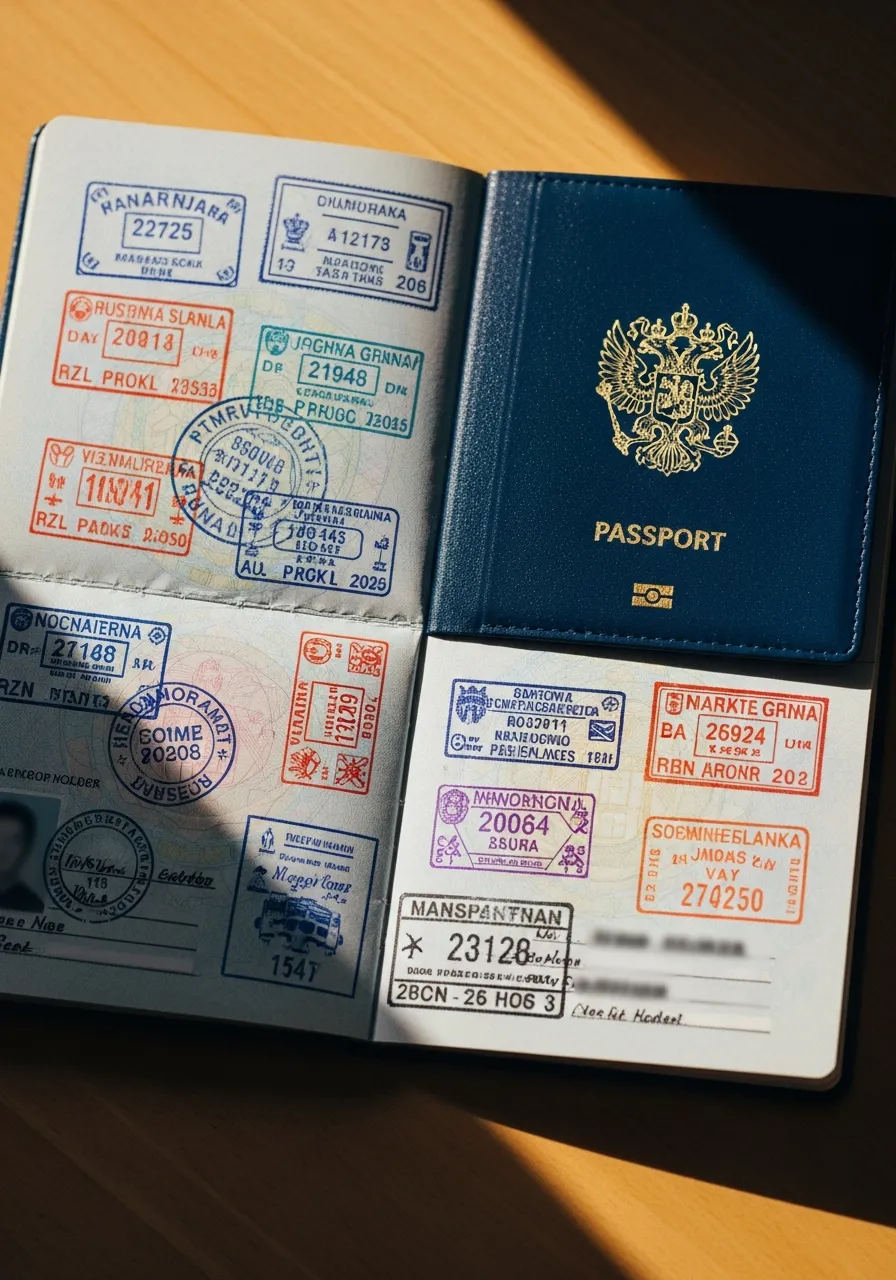Open passport filled with colorful travel stamps